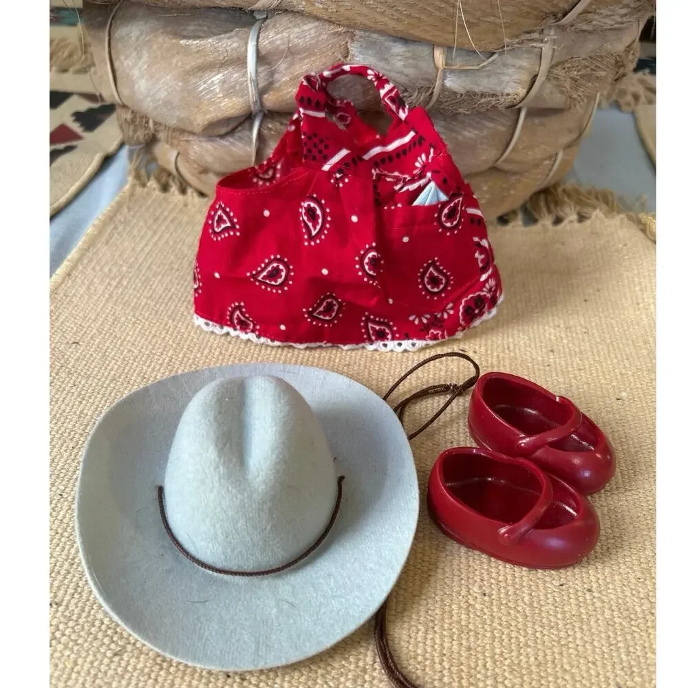 Western Doll Hat, Red Paisley Top & Red Shoes hat 2.5x2 circumferences, Shoes 2’